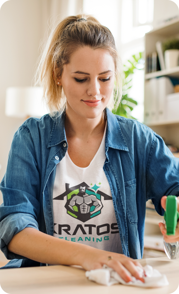 Kratos Cleaning professional wiping down a surface with a microfiber cloth during a detailed cleaning service