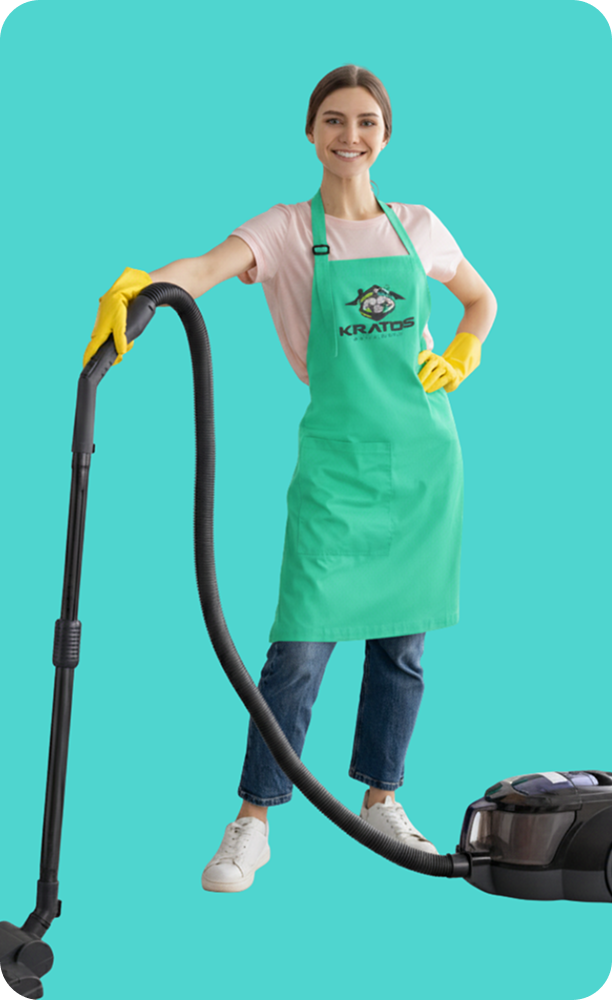 Kratos Cleaning professional holding a vacuum during a residential and commercial cleaning service