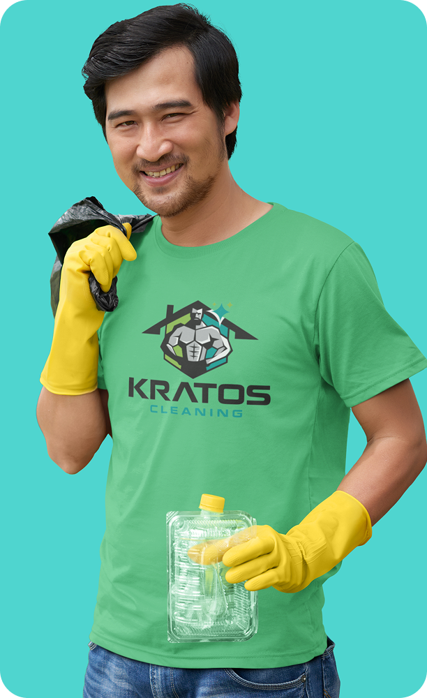 Kratos Cleaning professional getting ready for work before a residential or commercial cleaning service