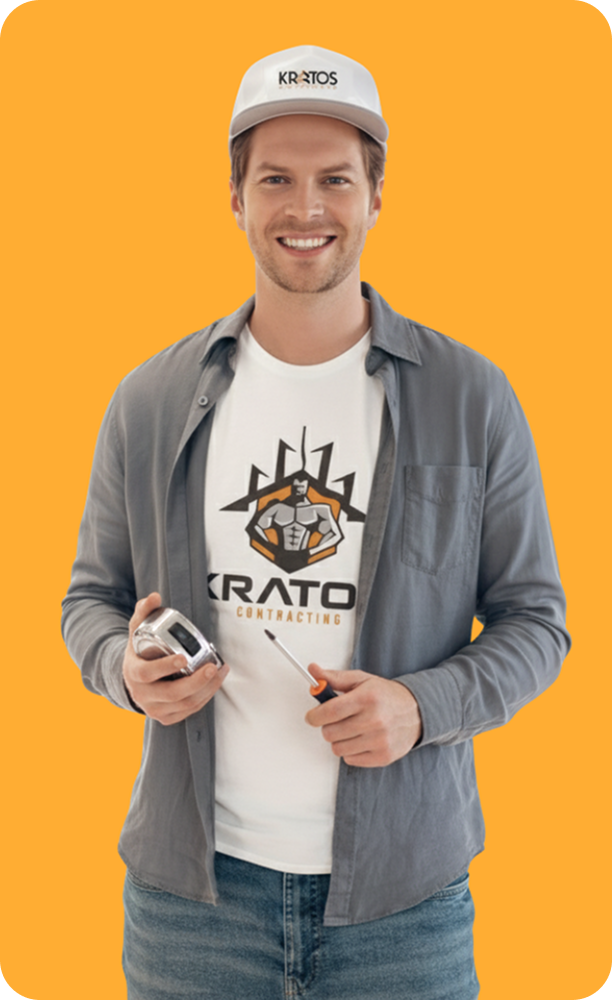 A professional Kratos Contracting worker holding a measuring tape and a screwdriver, prepared for high-precision renovation work on a job site.