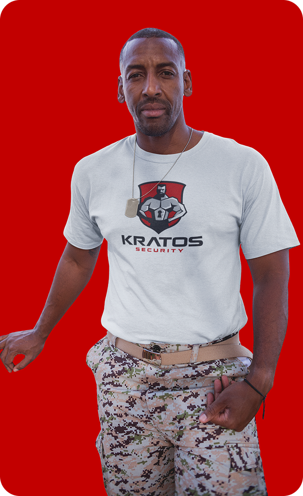Kratos security guard standing on site and looking at the camera