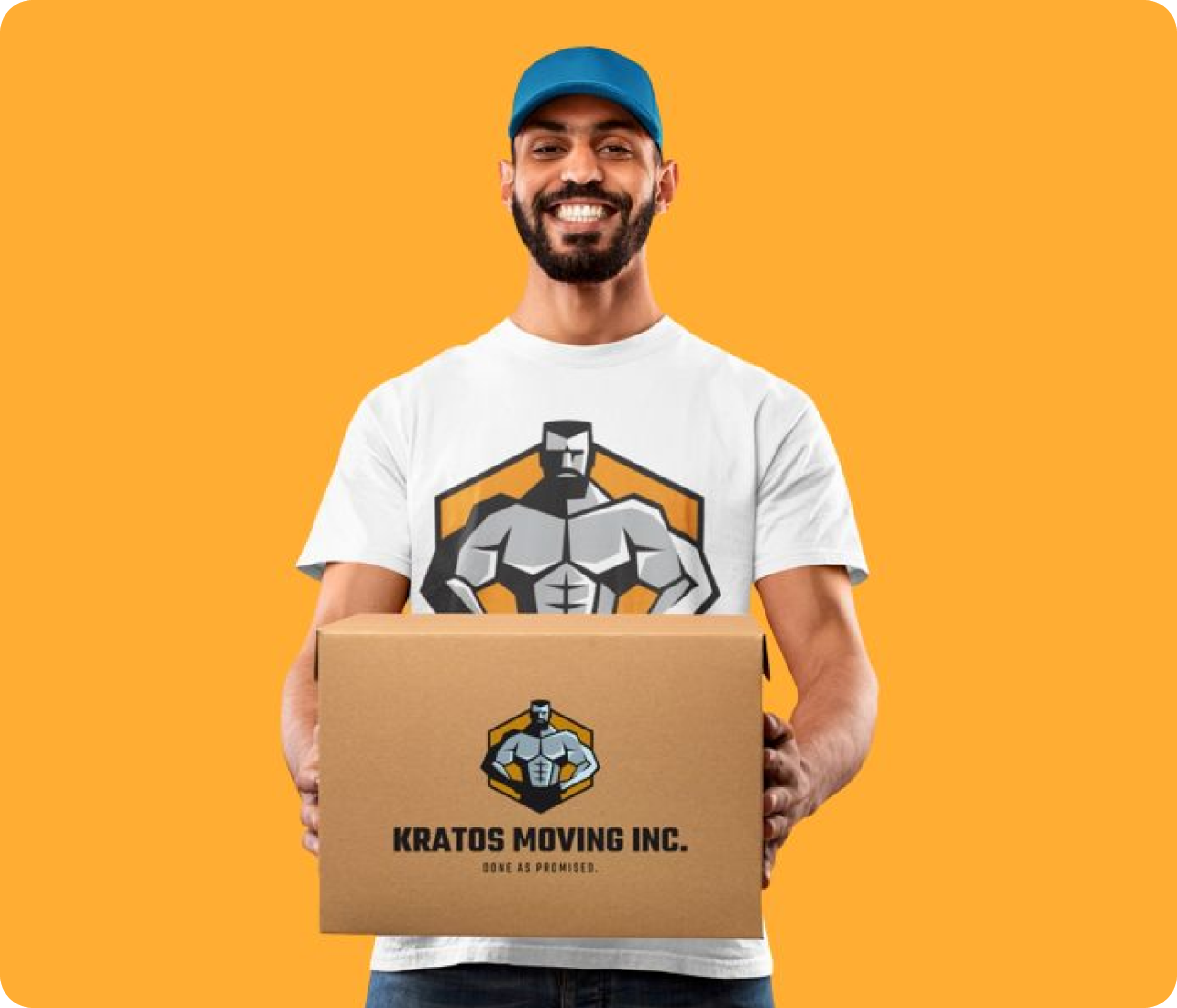 Kratos mover holding a branded Kratos Moving box during a professional moving service