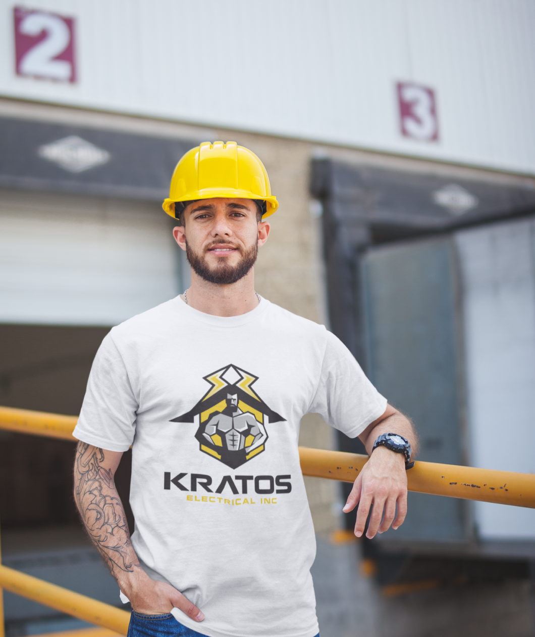 Kratos electrician in front of Kratos headquarters